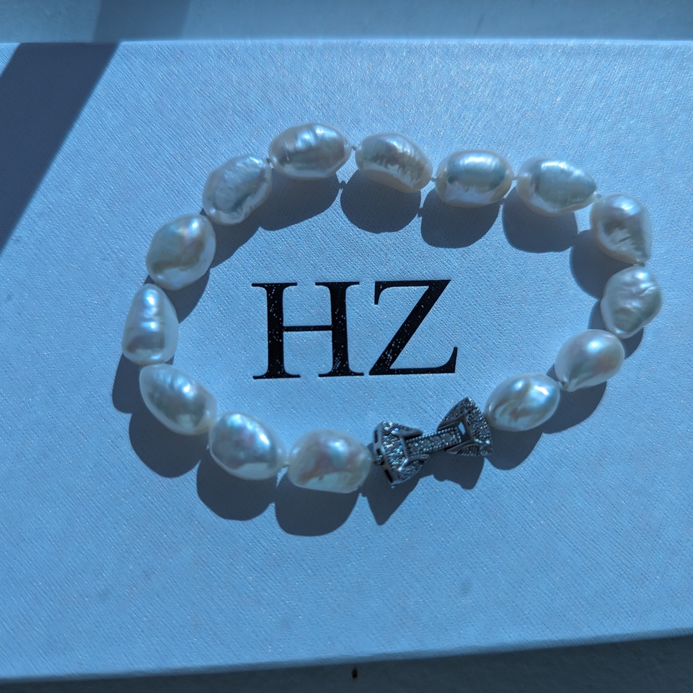 White Pearl Bracelet with Silver Bow